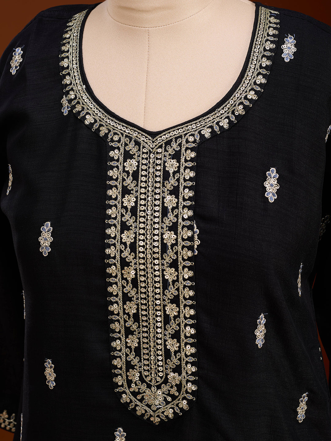 Black Soft Raw Silk Gold Zariwork Straight Kurta With Pant Regular And Dupatta