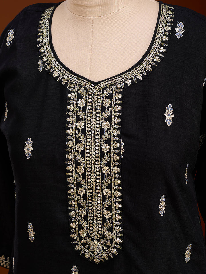 Black Soft Raw Silk Gold Zariwork Straight Kurta With Pant Regular And Dupatta