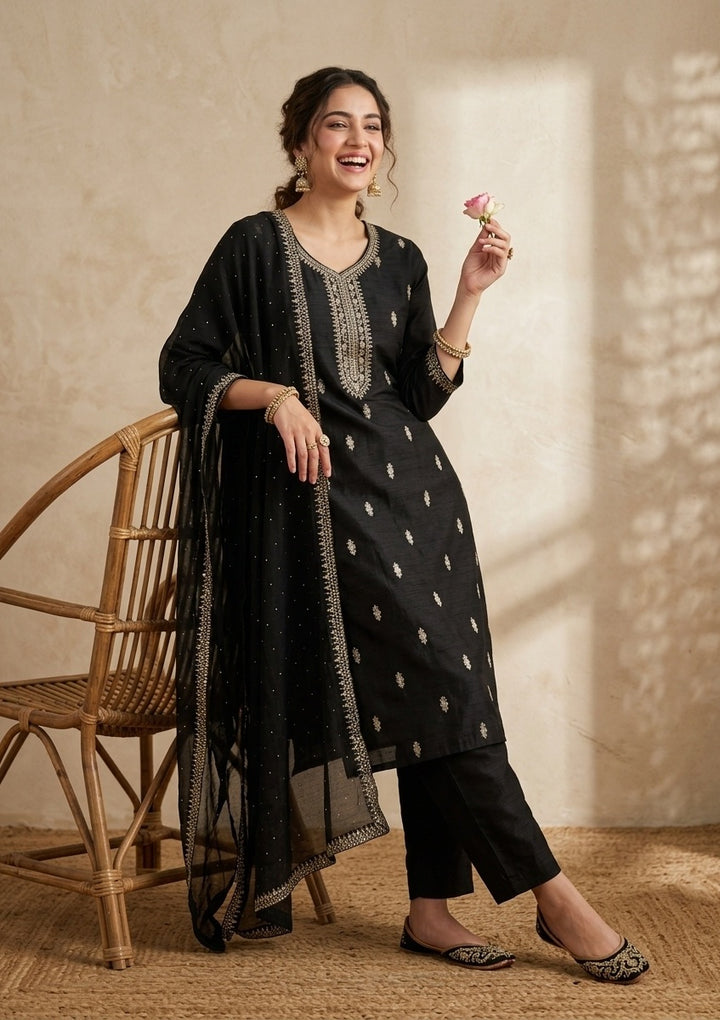 Black Soft Raw Silk Gold Zariwork Straight Kurta With Pant Regular And Dupatta
