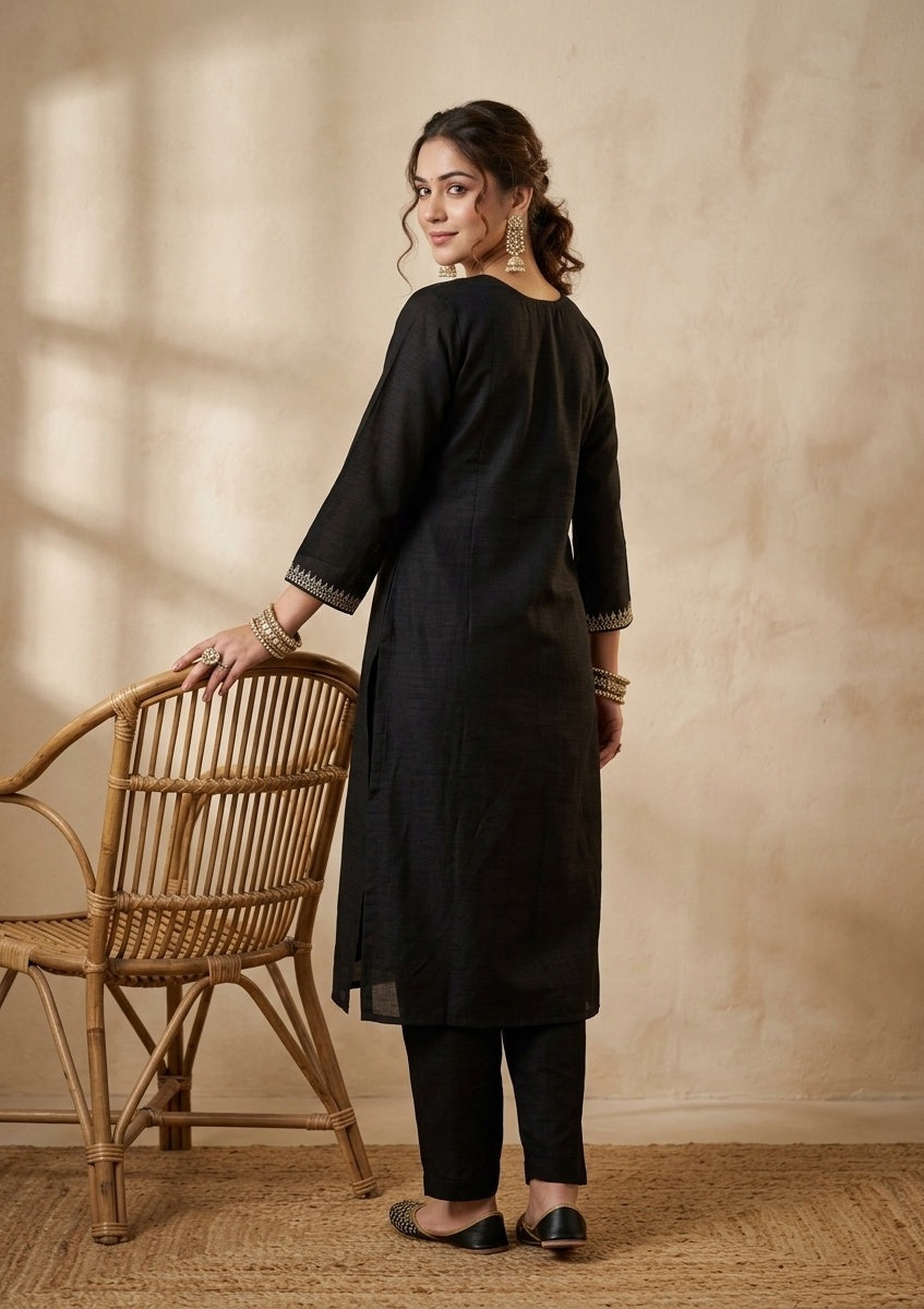 Black Soft Raw Silk Gold Zariwork Straight Kurta With Pant Regular And Dupatta