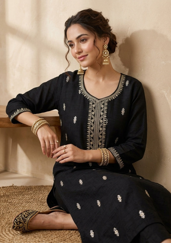 Black Soft Raw Silk Gold Zariwork Straight Kurta With Pant Regular And Dupatta