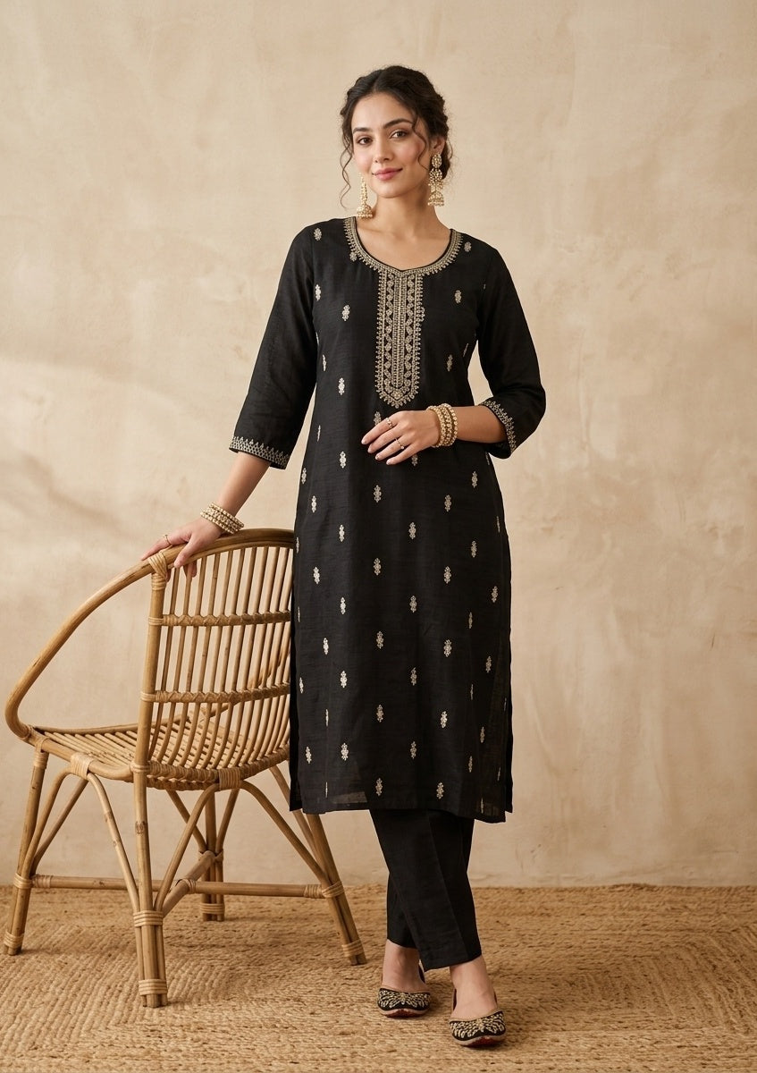 Black Soft Raw Silk Gold Zariwork Straight Kurta With Pant Regular And Dupatta
