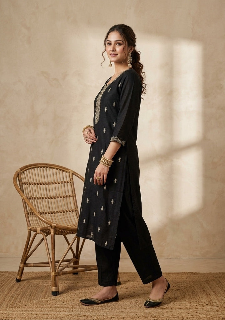 Black Soft Raw Silk Gold Zariwork Straight Kurta With Pant Regular And Dupatta