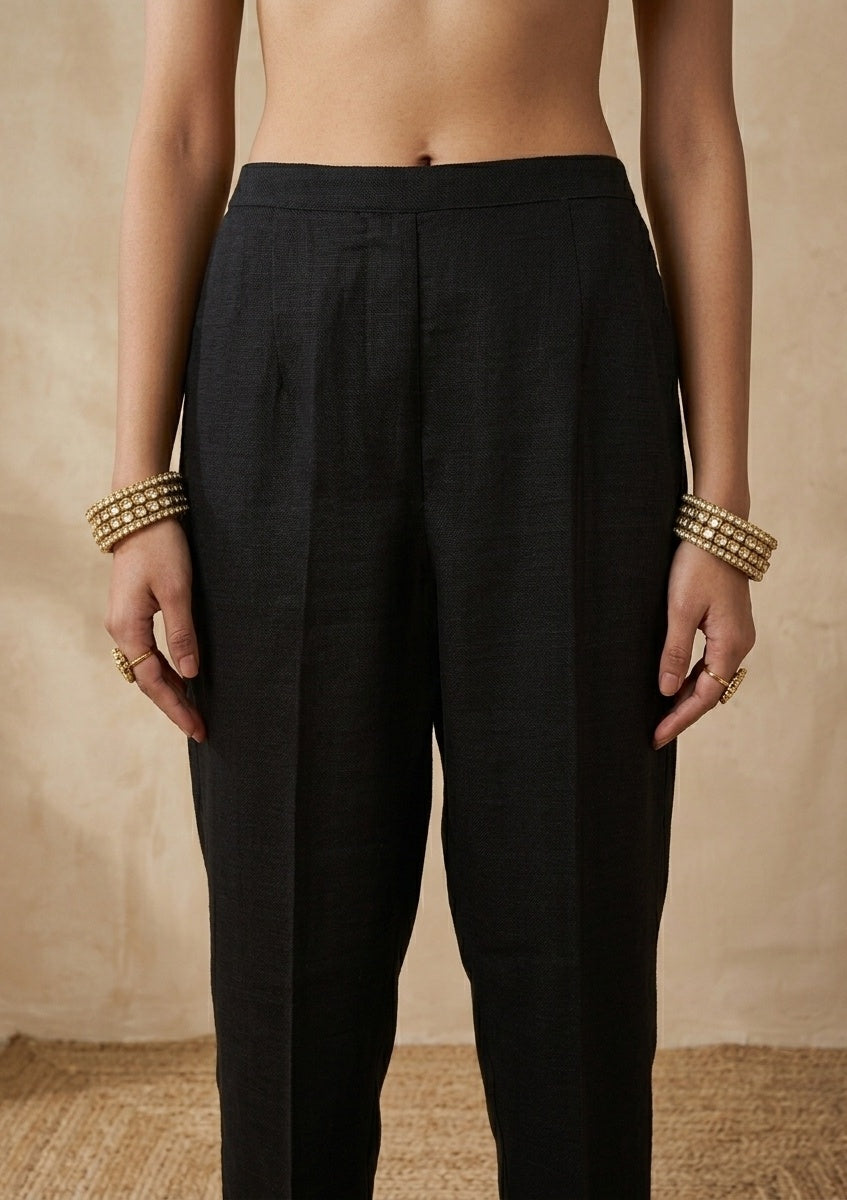 Black Soft Raw Silk Gold Zariwork Straight Kurta With Pant Regular And Dupatta