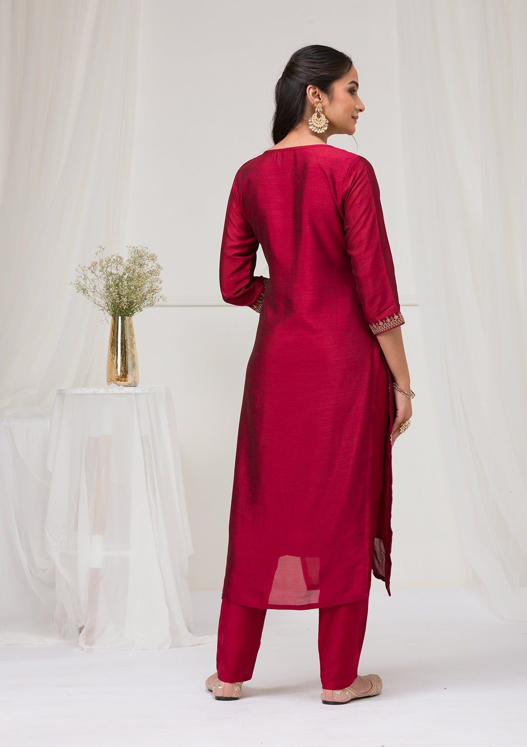 Maroon Sequins Raw Silk Readymade Salwar Suit