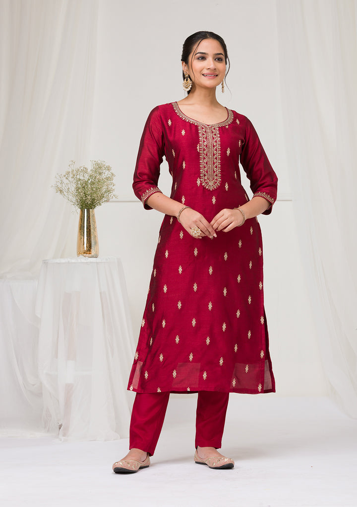 Maroon Sequins Raw Silk Readymade Salwar Suit