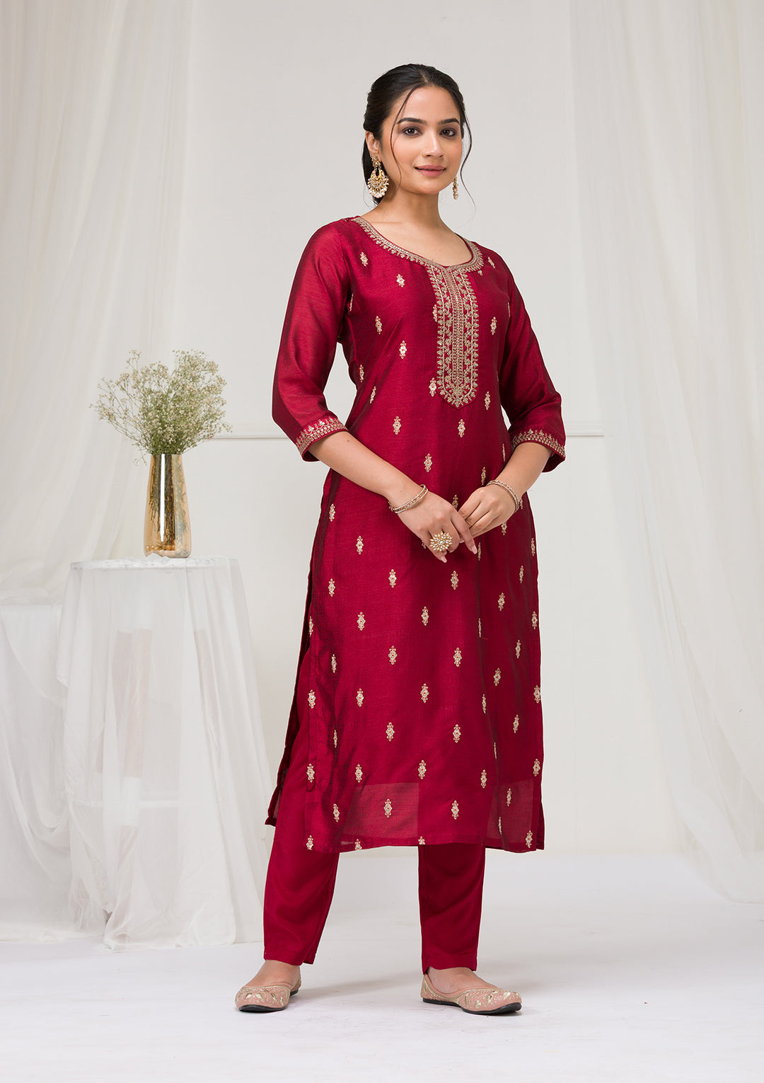 Maroon Sequins Raw Silk Readymade Salwar Suit