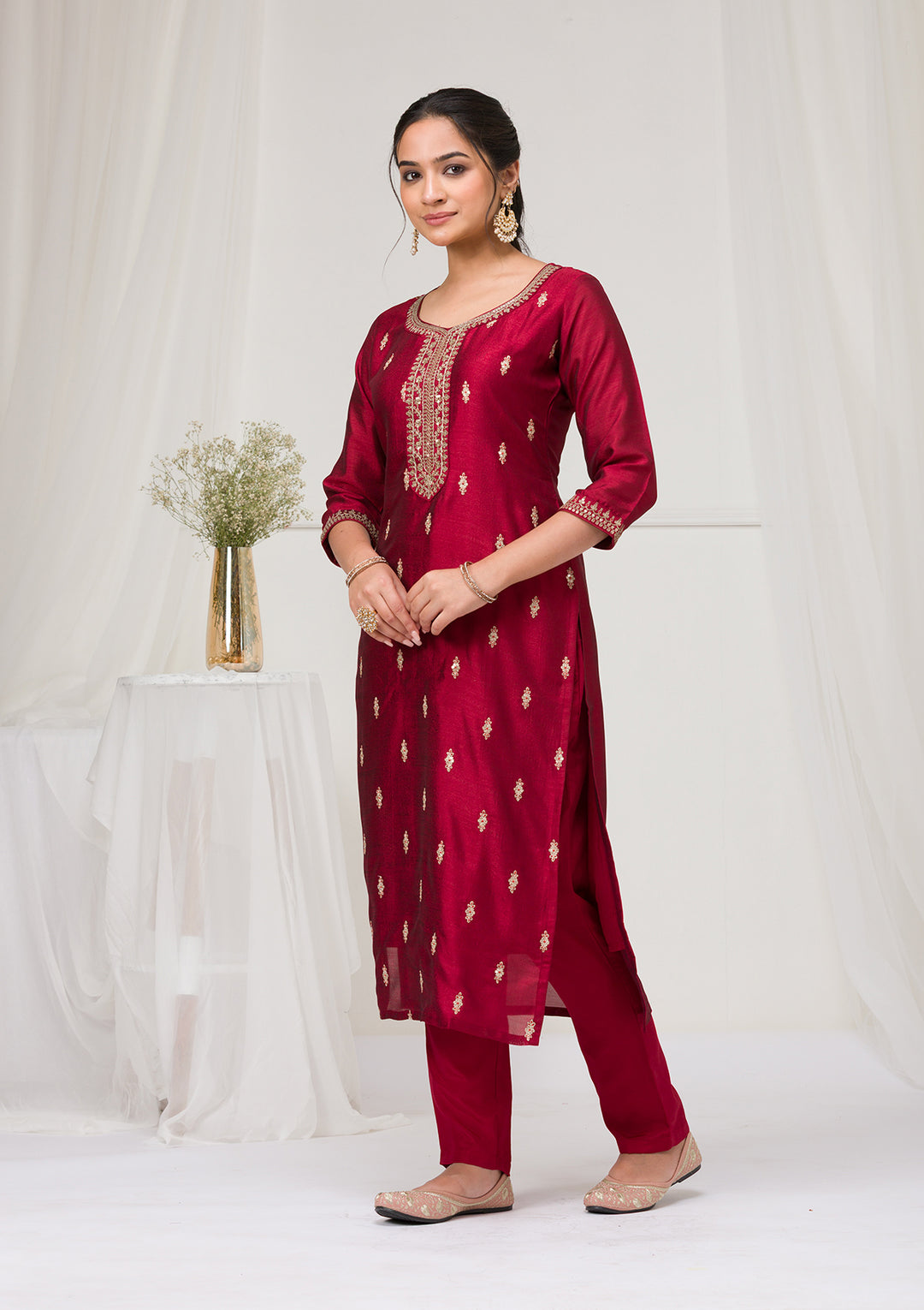 Maroon Sequins Raw Silk Readymade Salwar Suit