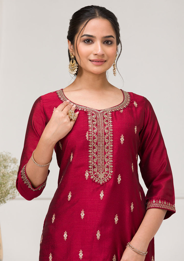 Maroon Sequins Raw Silk Readymade Salwar Suit