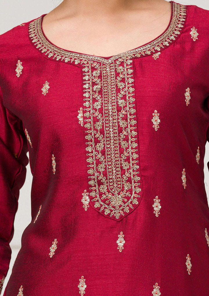 Maroon Sequins Raw Silk Readymade Salwar Suit