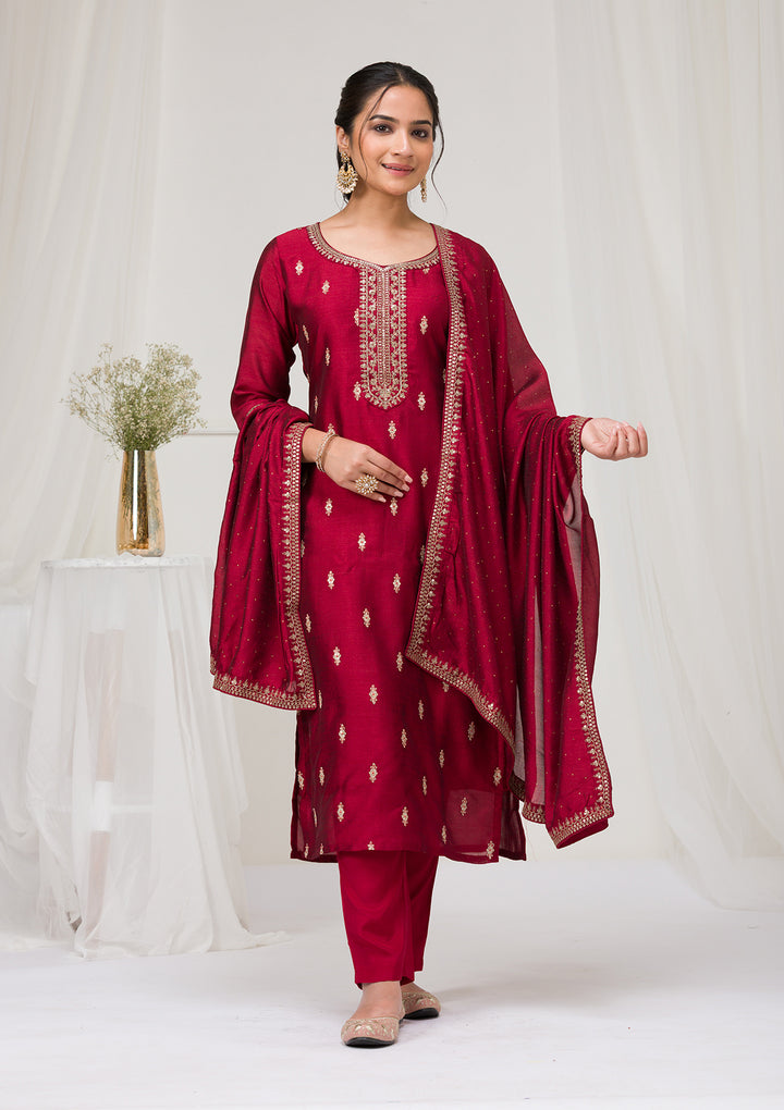 Maroon Sequins Raw Silk Readymade Salwar Suit