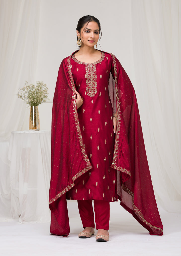 Maroon Sequins Raw Silk Readymade Salwar Suit
