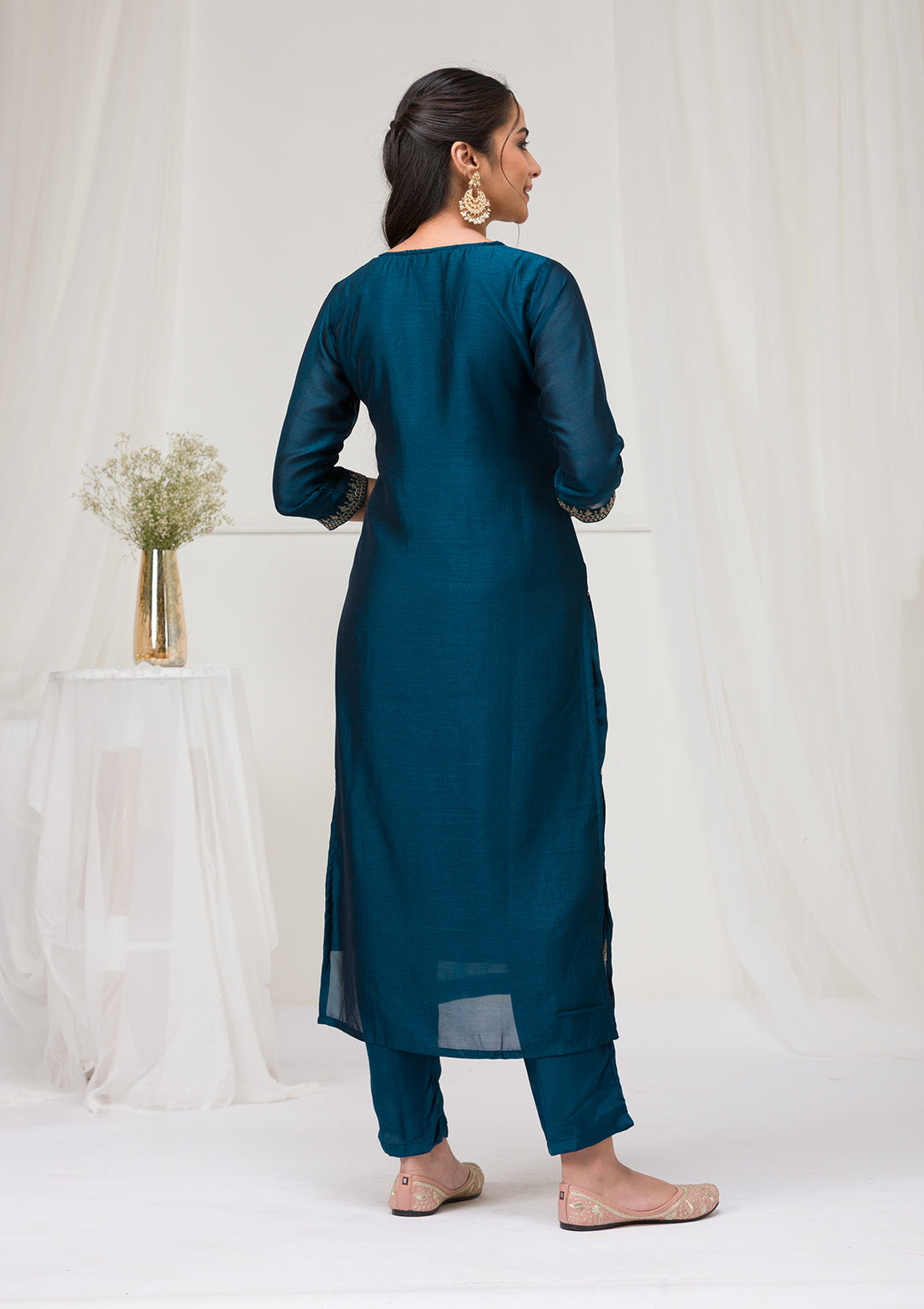 Peacock Blue Sequins Raw Silk Readymade Salwar Suit