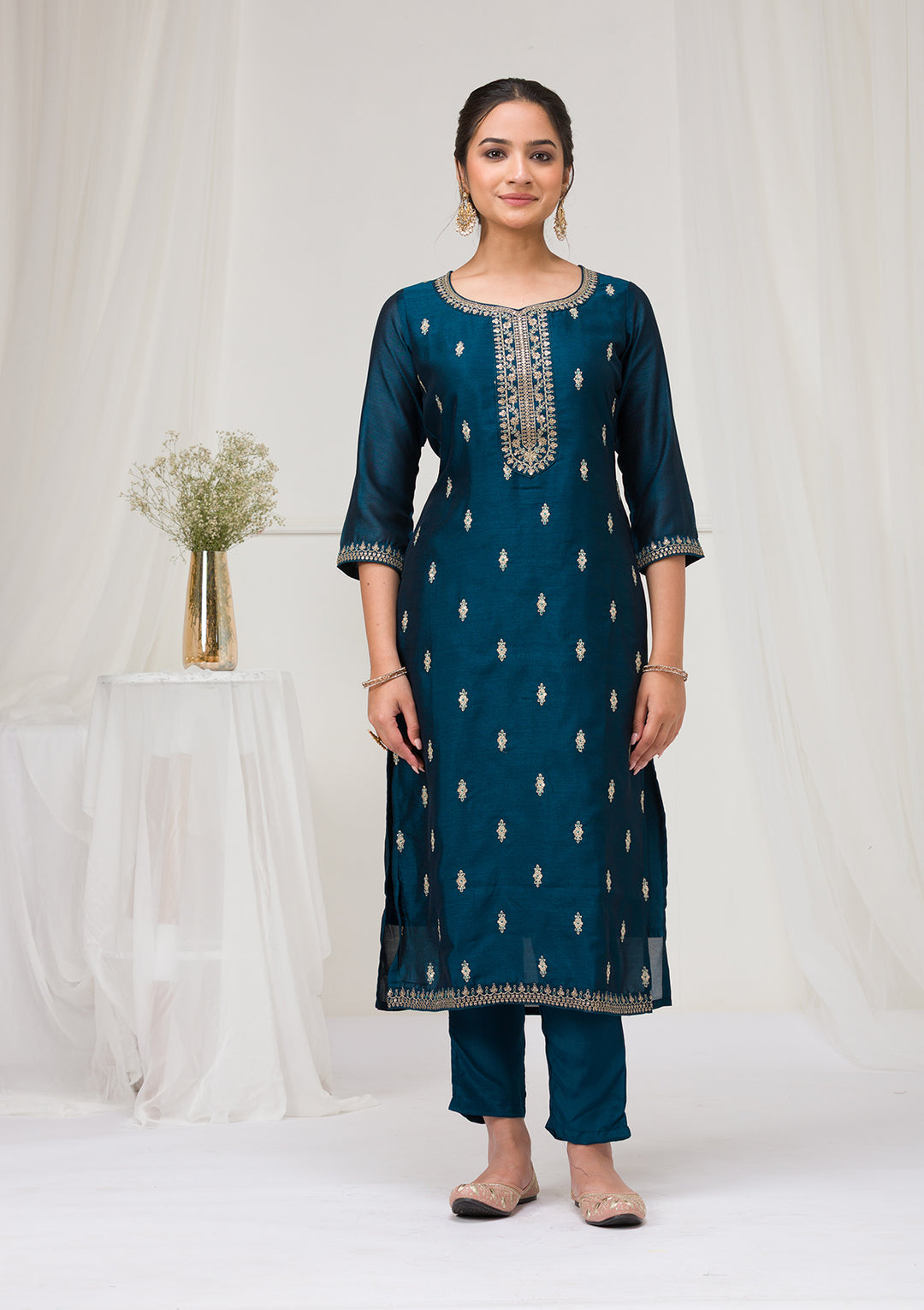 Peacock Blue Sequins Raw Silk Readymade Salwar Suit