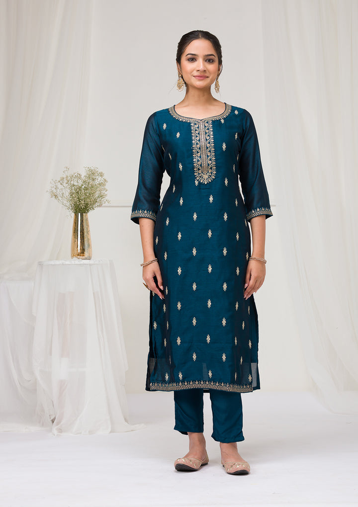 Peacock Blue Sequins Raw Silk Readymade Salwar Suit