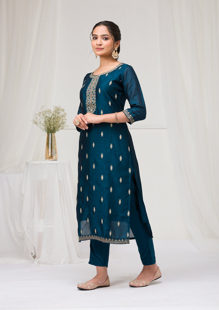 Peacock Blue Sequins Raw Silk Readymade Salwar Suit