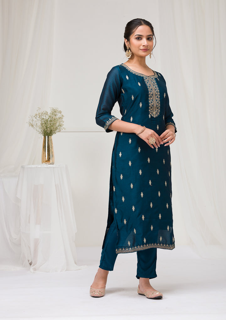 Peacock Blue Sequins Raw Silk Readymade Salwar Suit