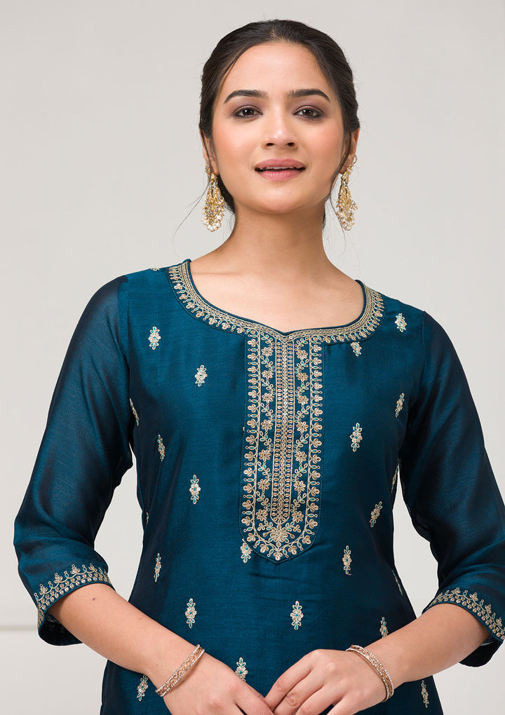 Peacock Blue Sequins Raw Silk Readymade Salwar Suit