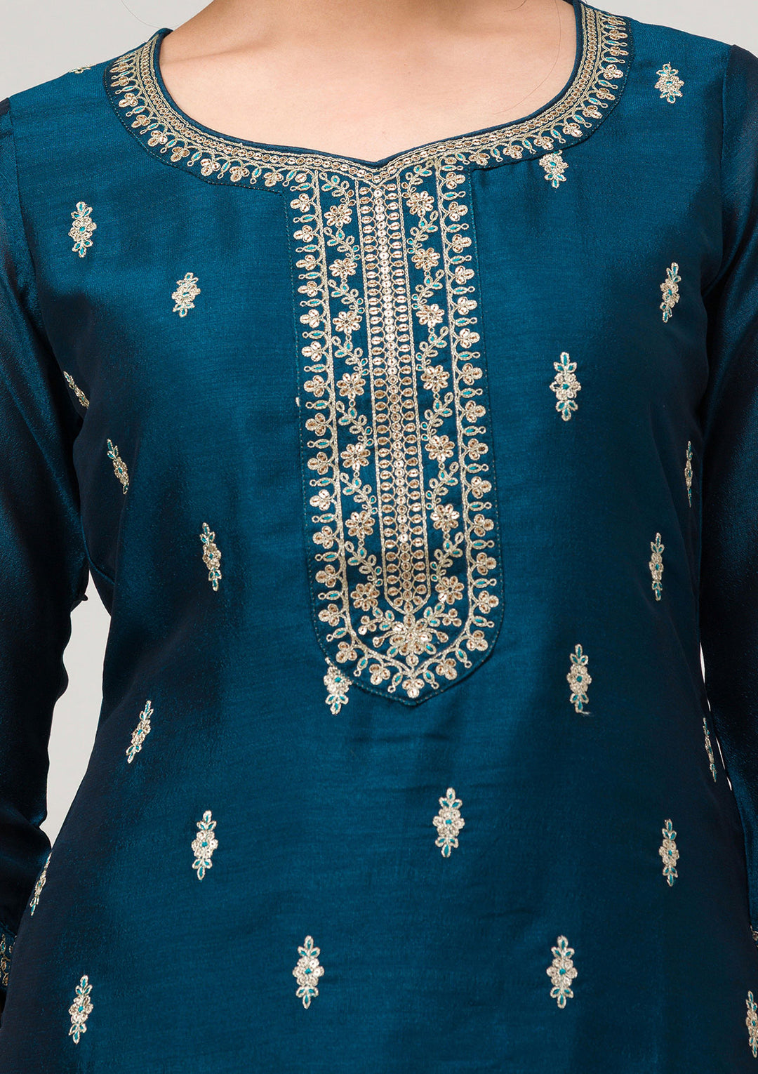 Peacock Blue Sequins Raw Silk Readymade Salwar Suit
