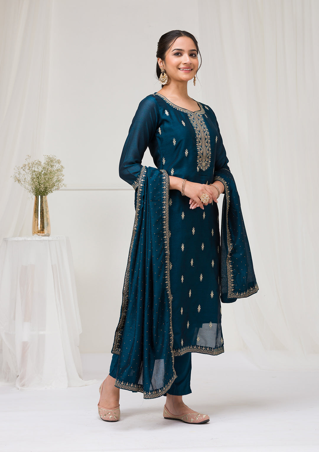 Peacock Blue Sequins Raw Silk Readymade Salwar Suit