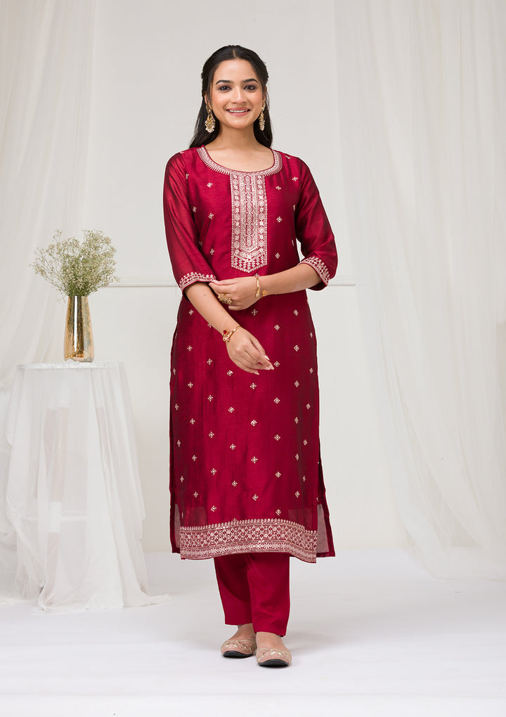 Maroon Sequins Raw Silk Readymade Salwar Suit