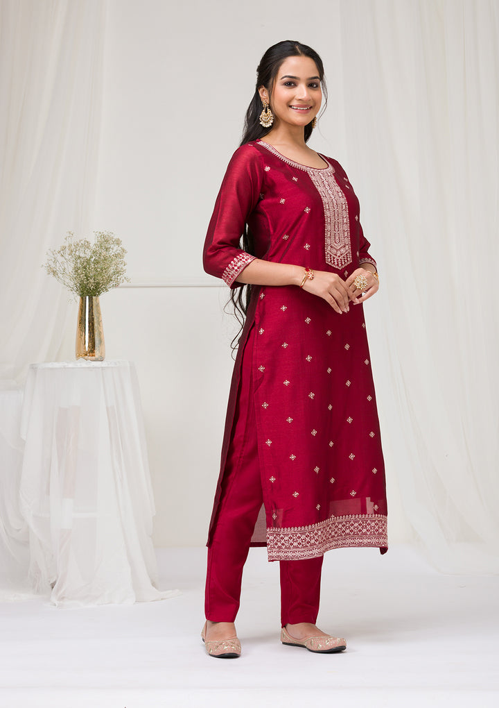 Maroon Sequins Raw Silk Readymade Salwar Suit