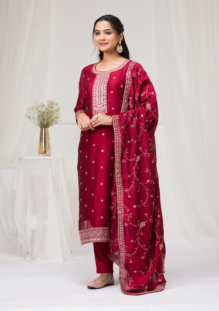 Maroon Sequins Raw Silk Readymade Salwar Suit