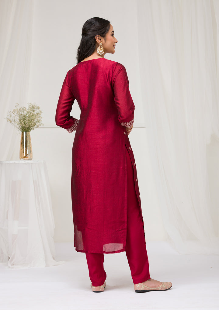 Maroon Sequins Raw Silk Readymade Salwar Suit
