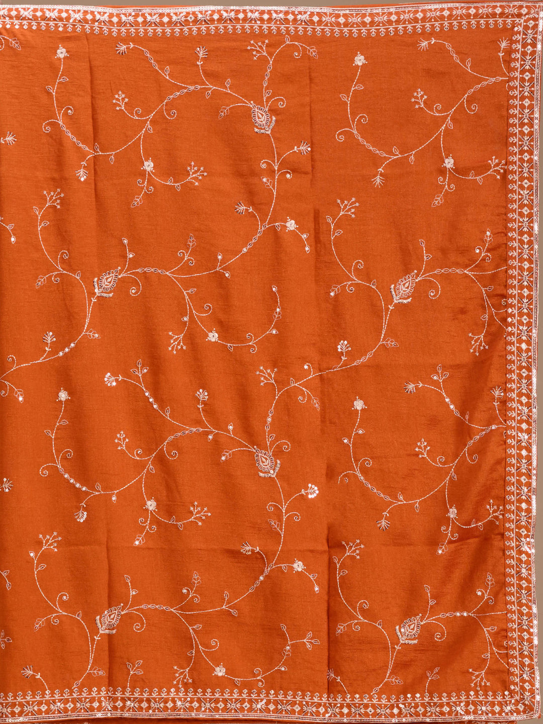 Orange Soft Raw Silk Threadwork Straight Kurta With Pant Regular And Dupatta