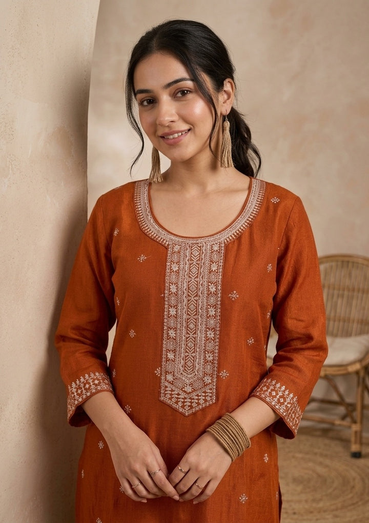 Orange Soft Raw Silk Threadwork Straight Kurta With Pant Regular And Dupatta