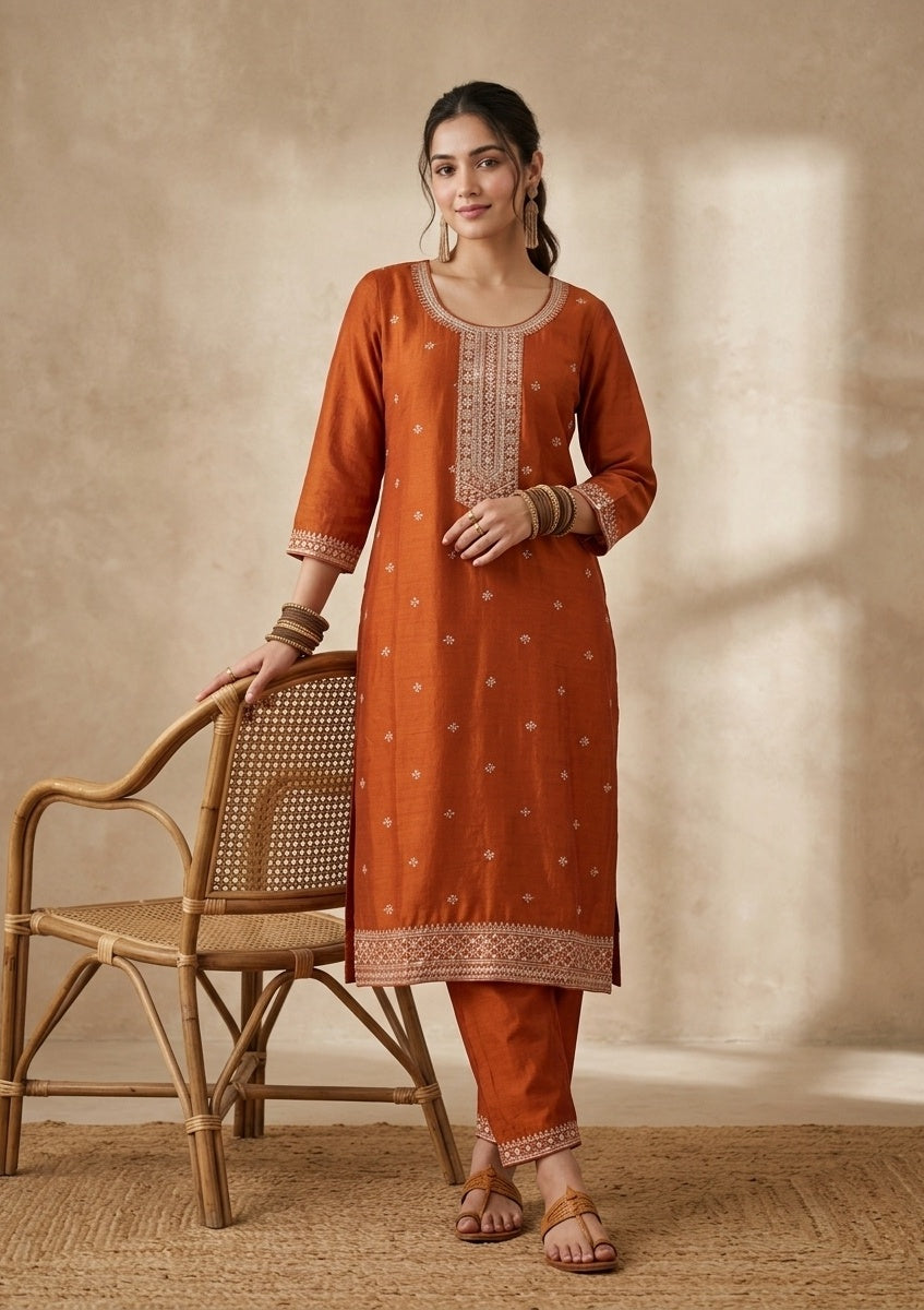 Orange Soft Raw Silk Threadwork Straight Kurta With Pant Regular And Dupatta