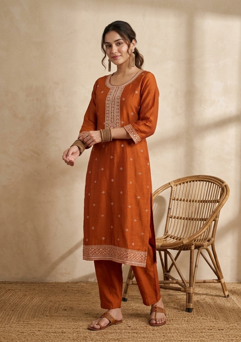 Orange Soft Raw Silk Threadwork Straight Kurta With Pant Regular And Dupatta