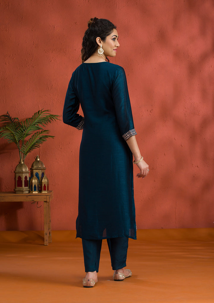 Peacock Blue Threadwork Raw Silk Readymade Salwar Suit