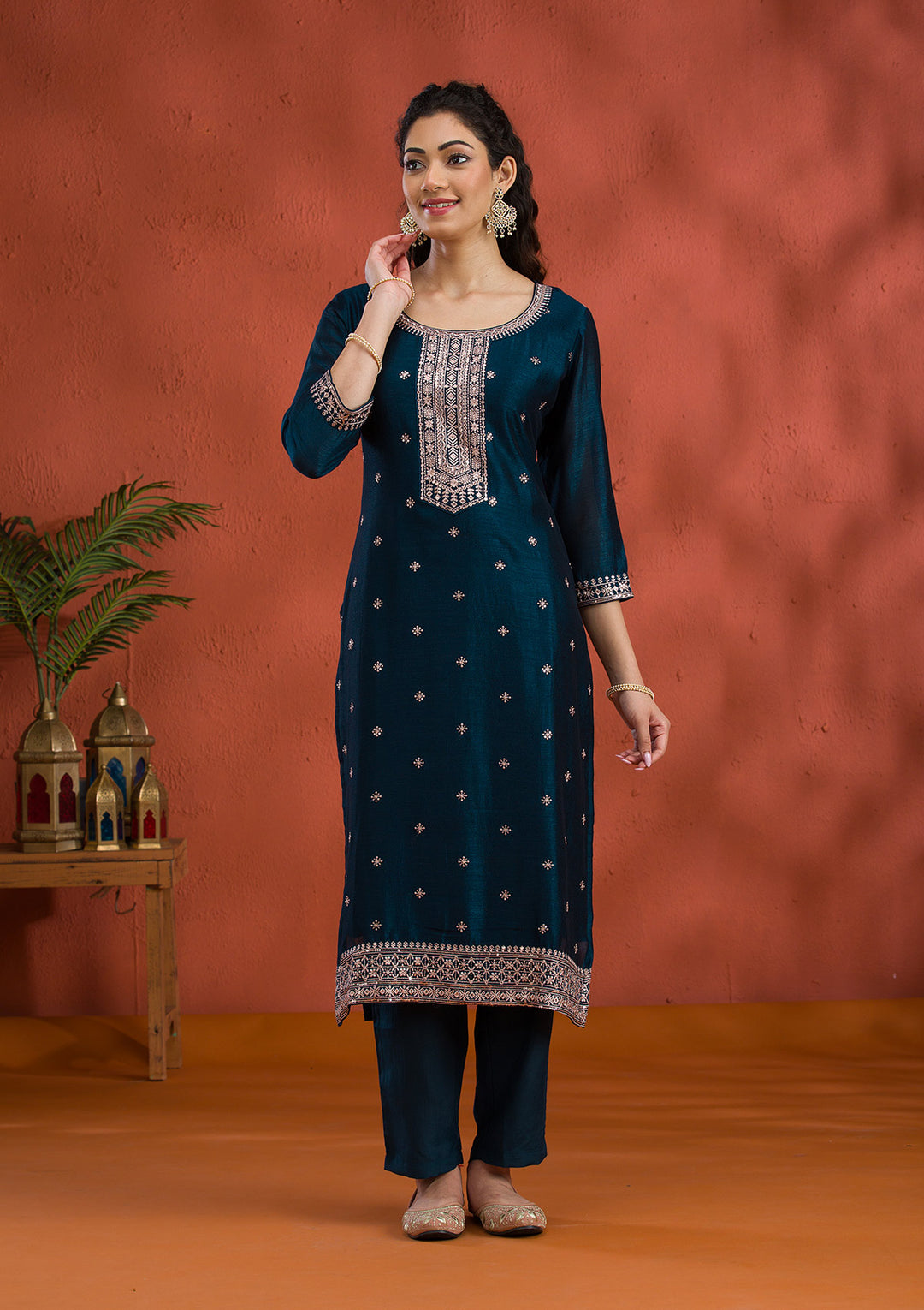 Peacock Blue Threadwork Raw Silk Readymade Salwar Suit