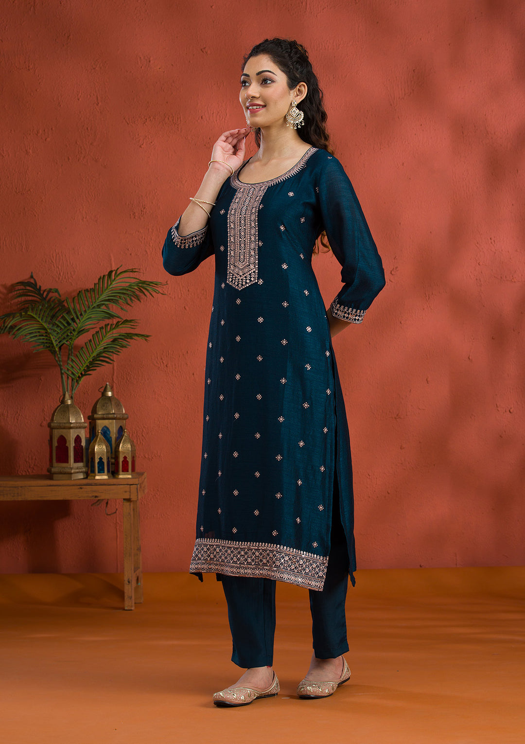 Peacock Blue Threadwork Raw Silk Readymade Salwar Suit