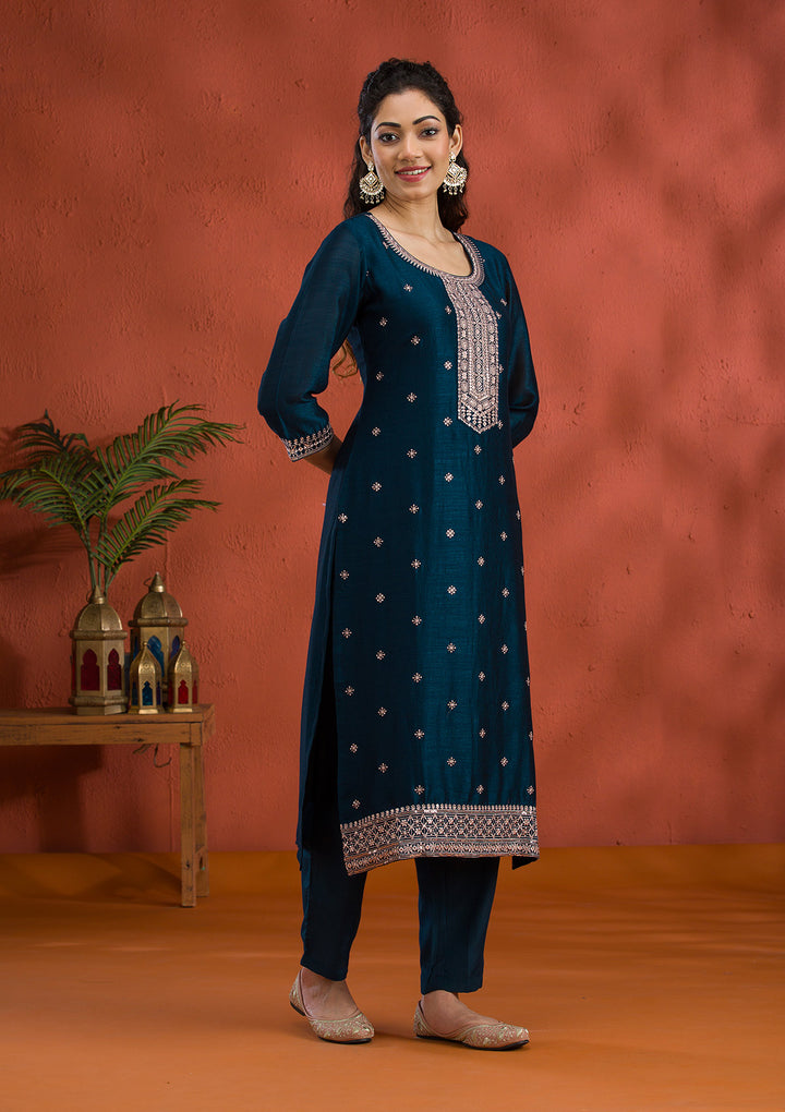 Peacock Blue Threadwork Raw Silk Readymade Salwar Suit