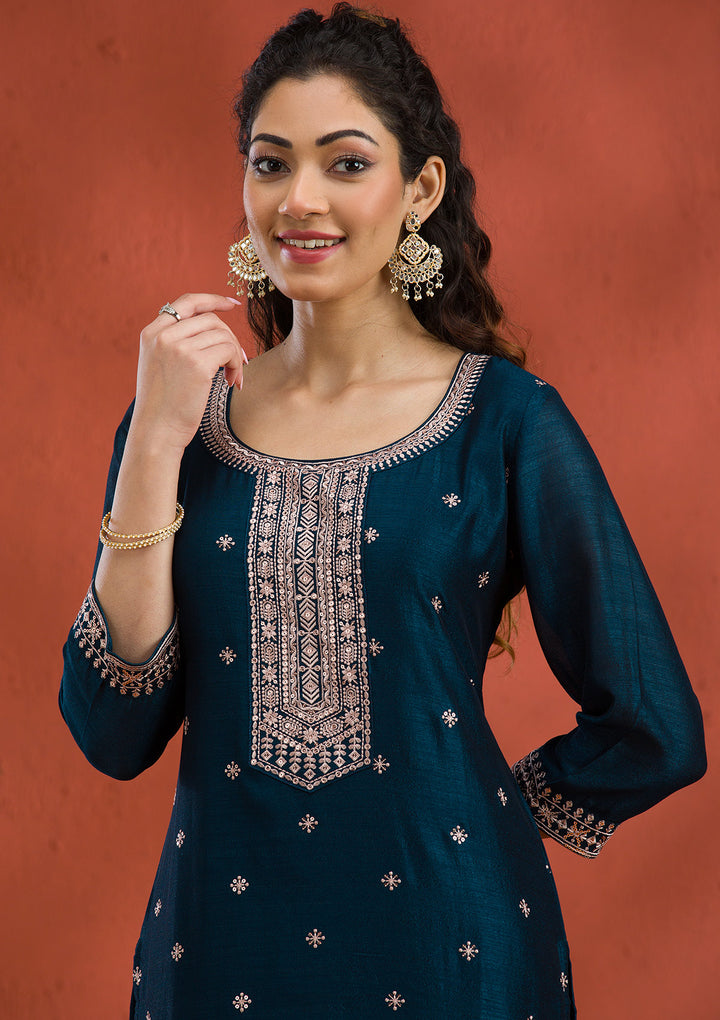 Peacock Blue Threadwork Raw Silk Readymade Salwar Suit