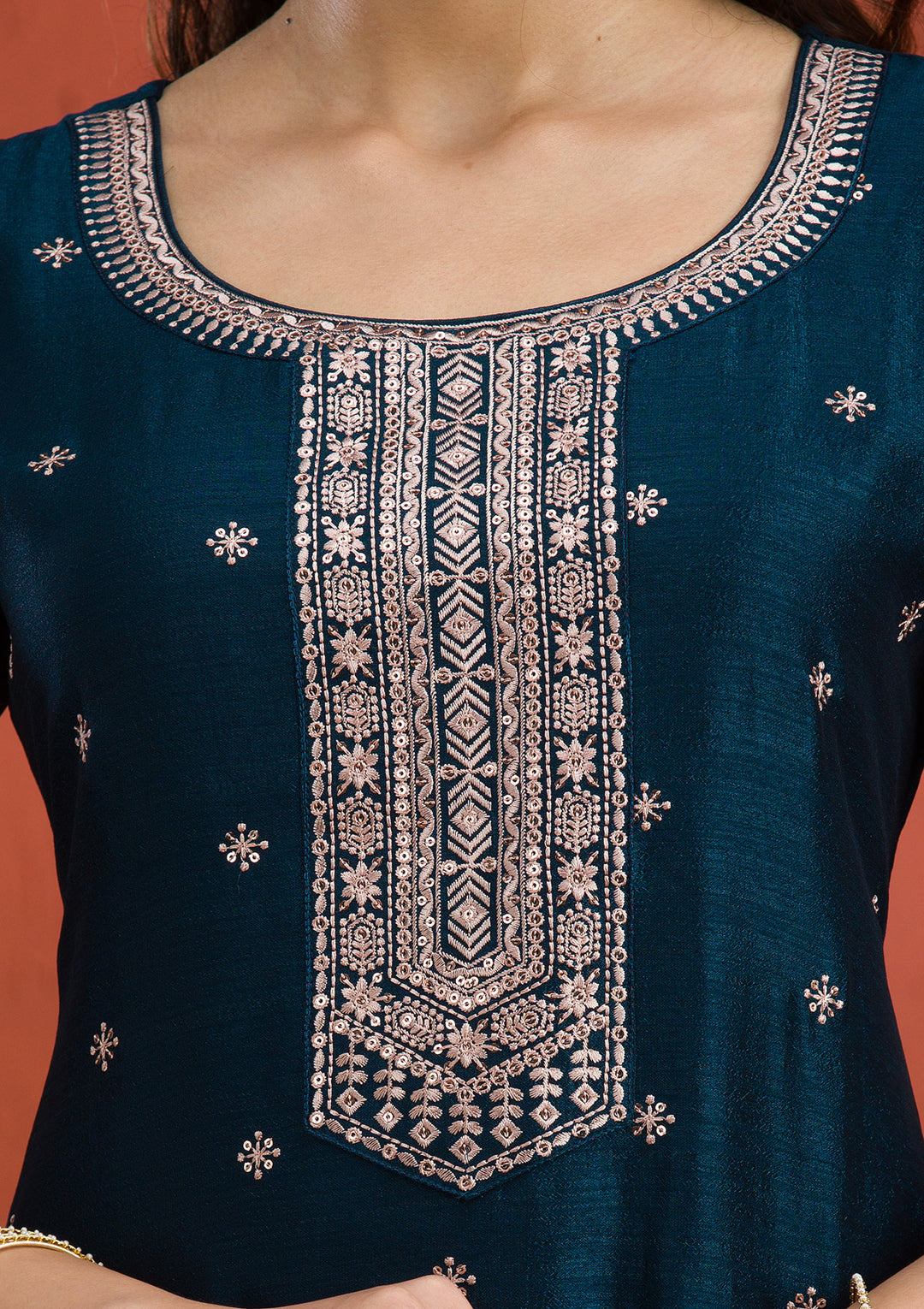 Peacock Blue Threadwork Raw Silk Readymade Salwar Suit