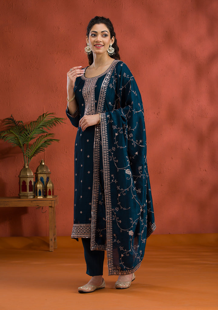 Peacock Blue Threadwork Raw Silk Readymade Salwar Suit