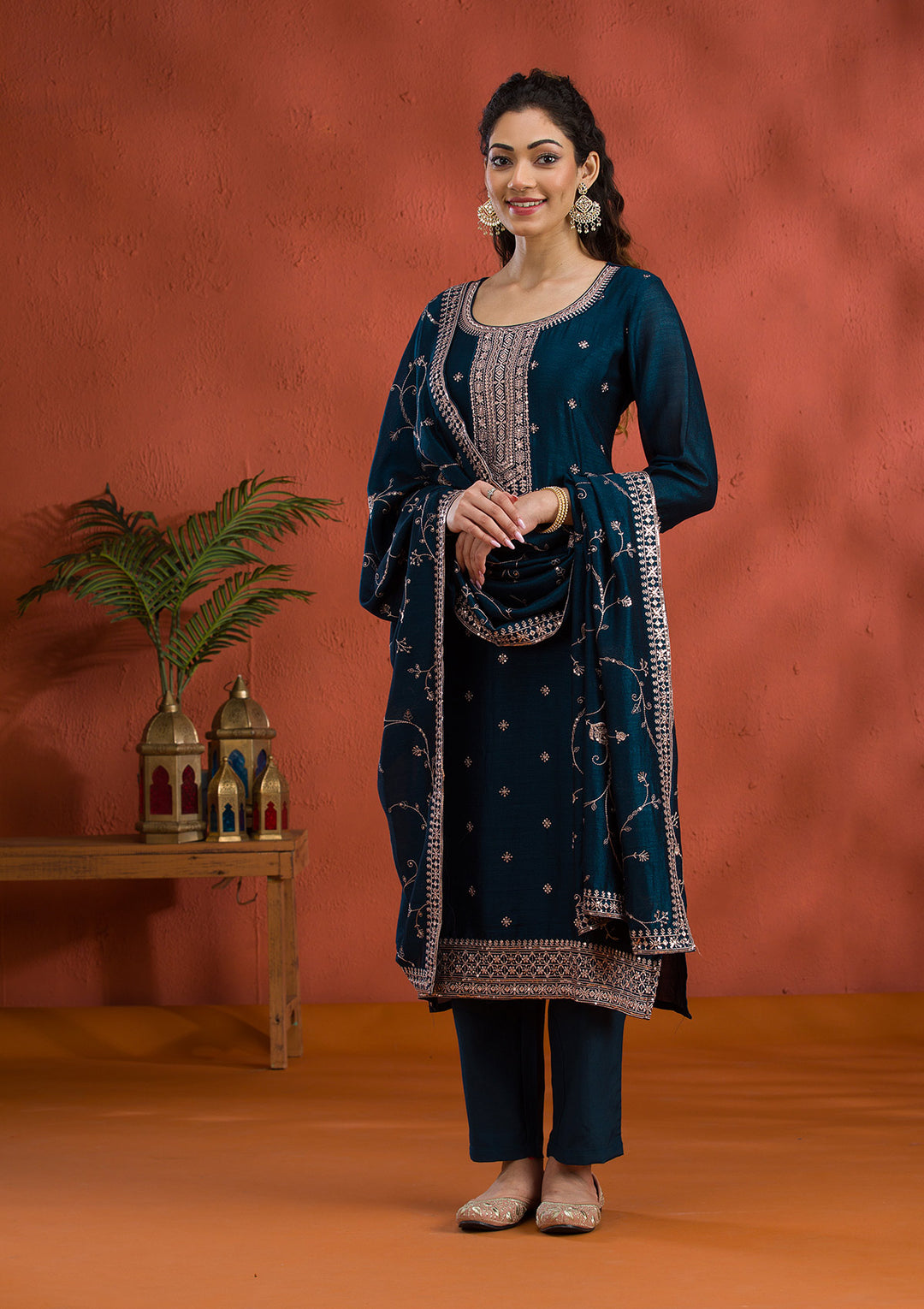 Peacock Blue Threadwork Raw Silk Readymade Salwar Suit