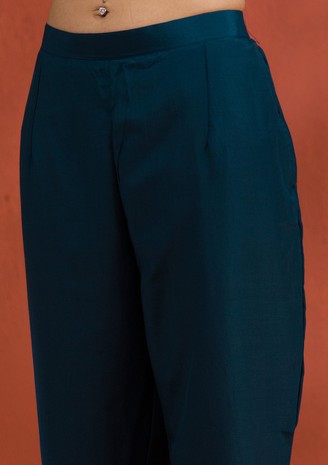 Peacock Blue Threadwork Raw Silk Readymade Salwar Suit