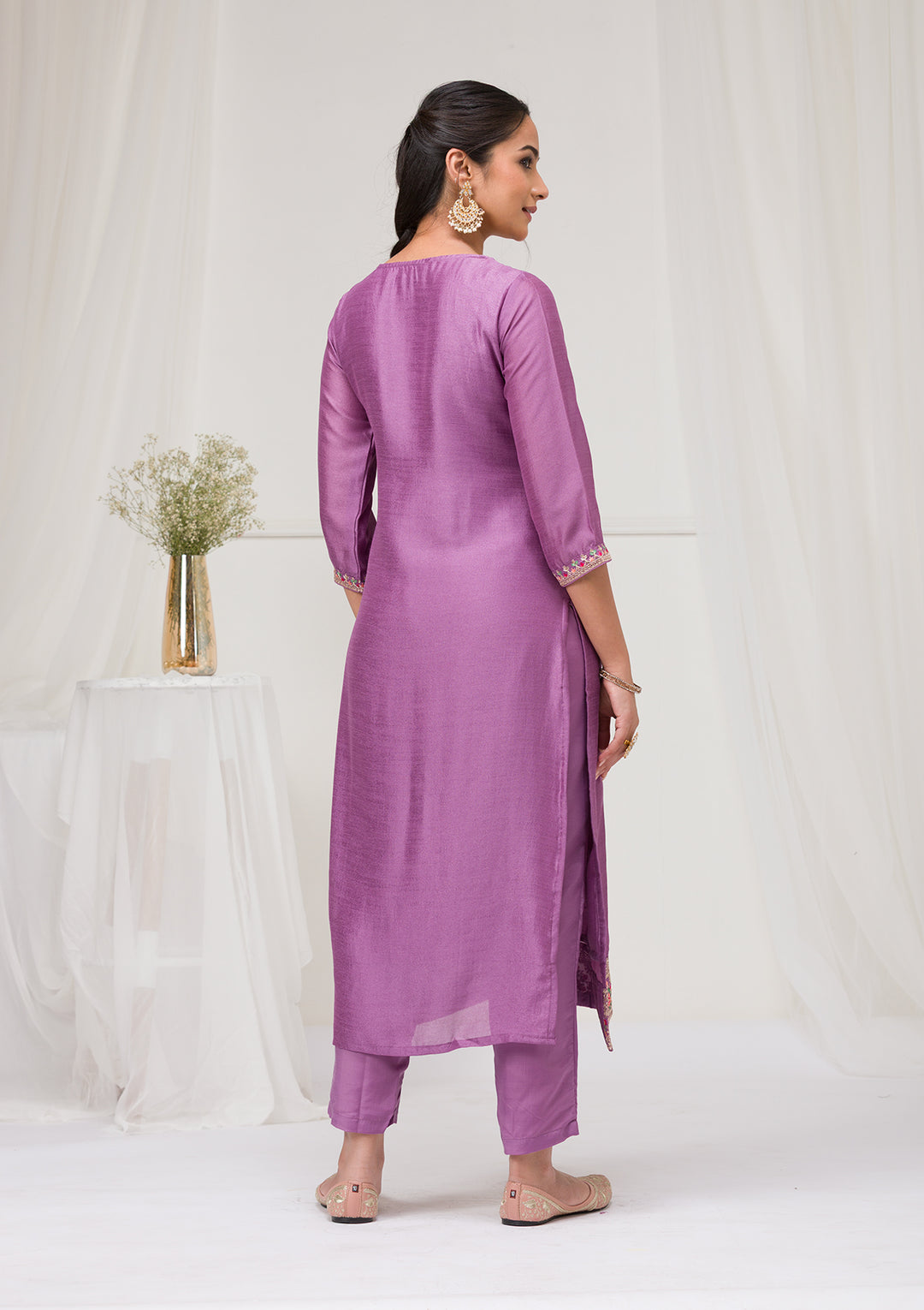 Lavender Threadwork Raw Silk Readymade Salwar Suit