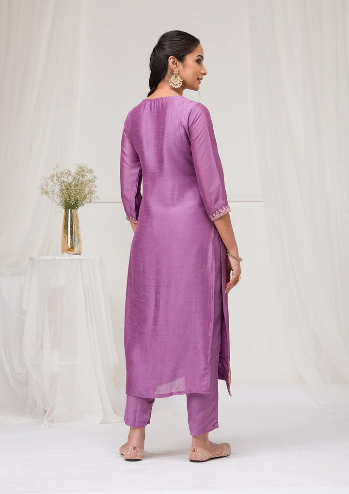 Lavender Threadwork Raw Silk Readymade Salwar Suit