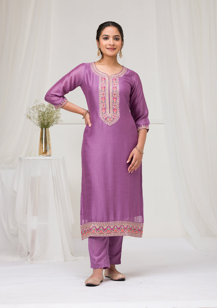 Lavender Threadwork Raw Silk Readymade Salwar Suit