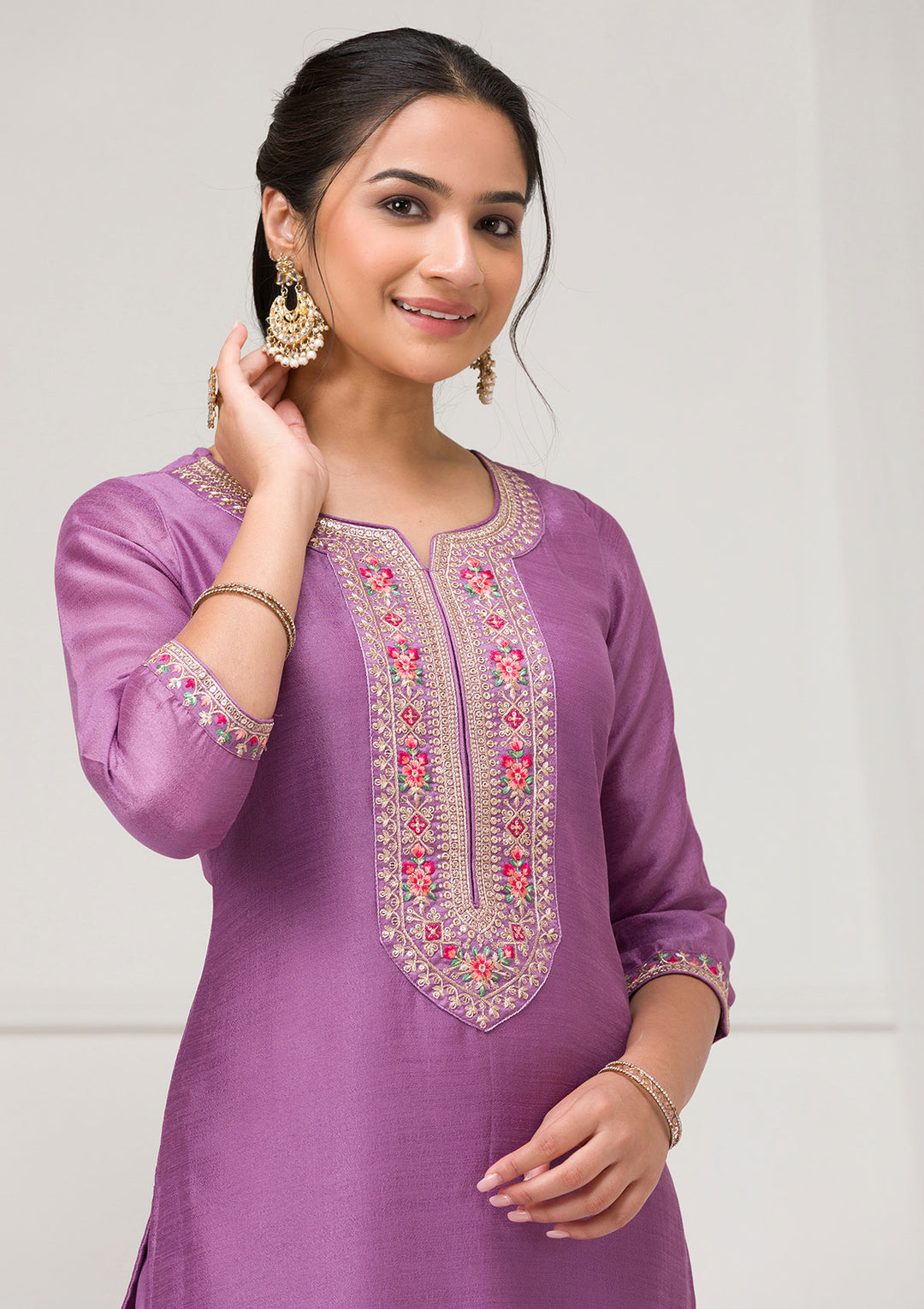 Lavender Threadwork Raw Silk Readymade Salwar Suit