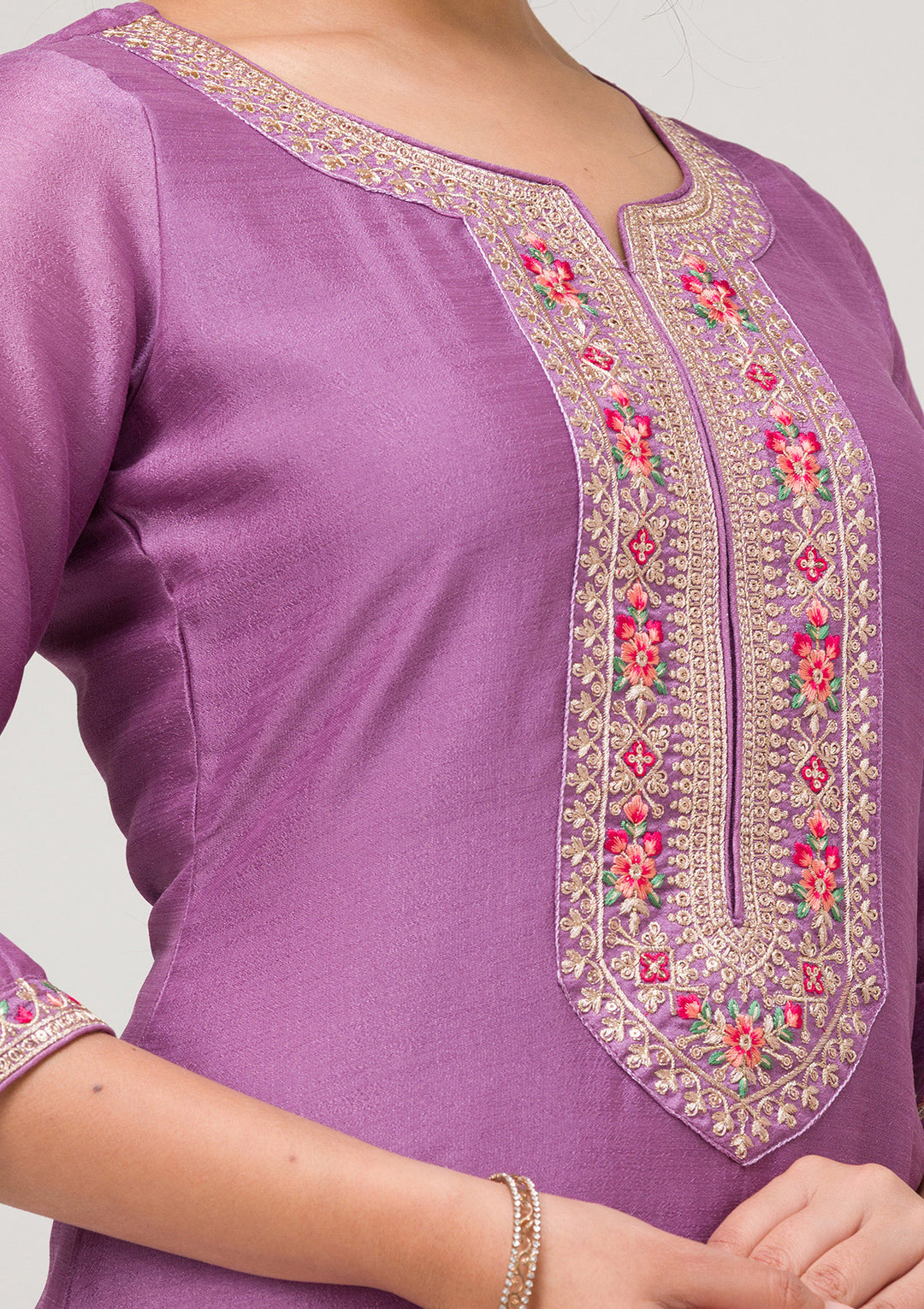 Lavender Threadwork Raw Silk Readymade Salwar Suit