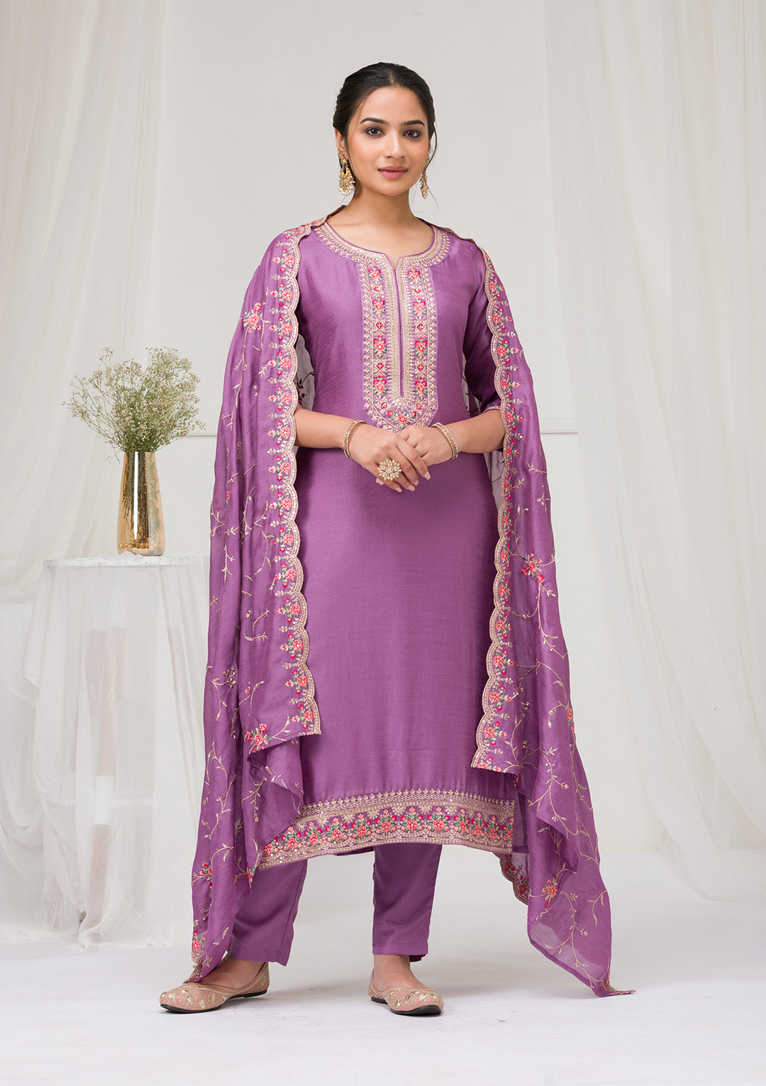 Lavender Threadwork Raw Silk Readymade Salwar Suit