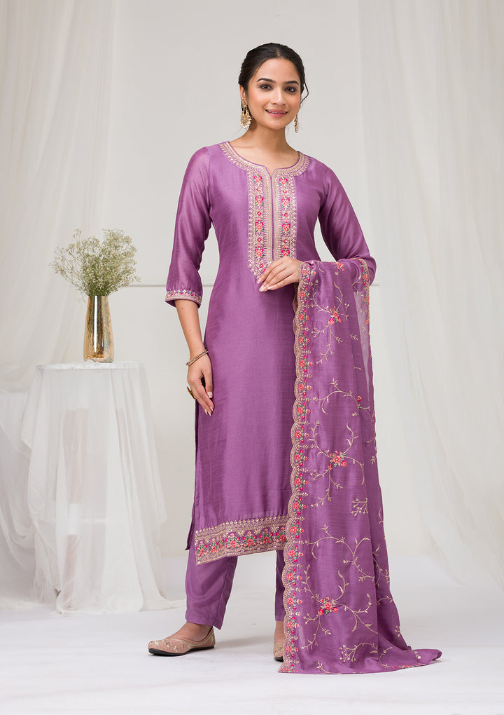Lavender Threadwork Raw Silk Readymade Salwar Suit