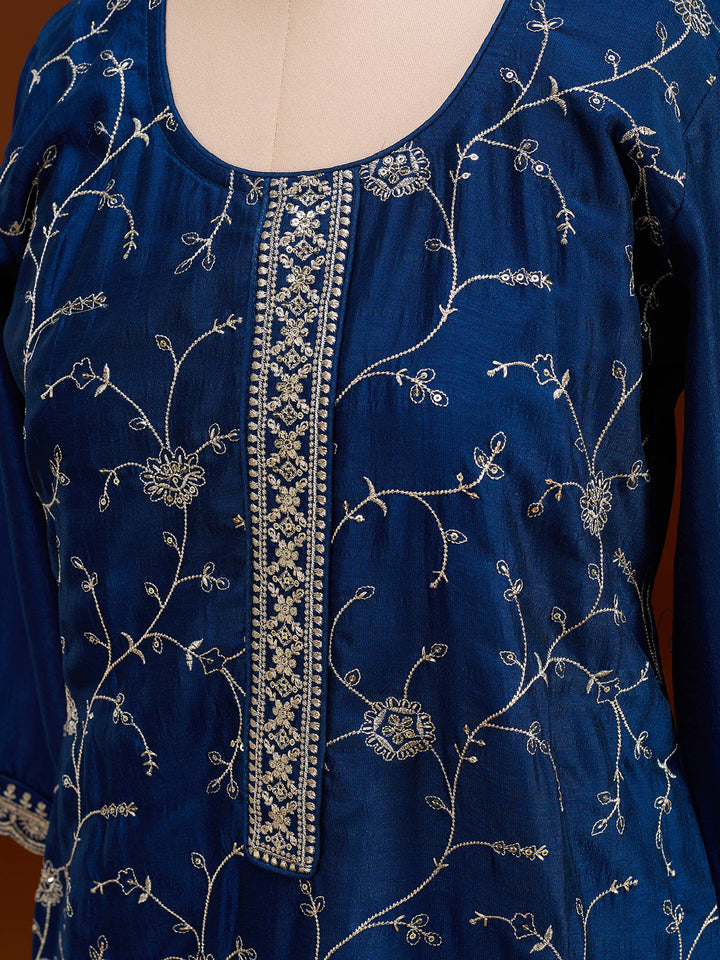 Blue Soft Raw Silk Gold Zariwork Straight Kurta With Pant Regular And Dupatta