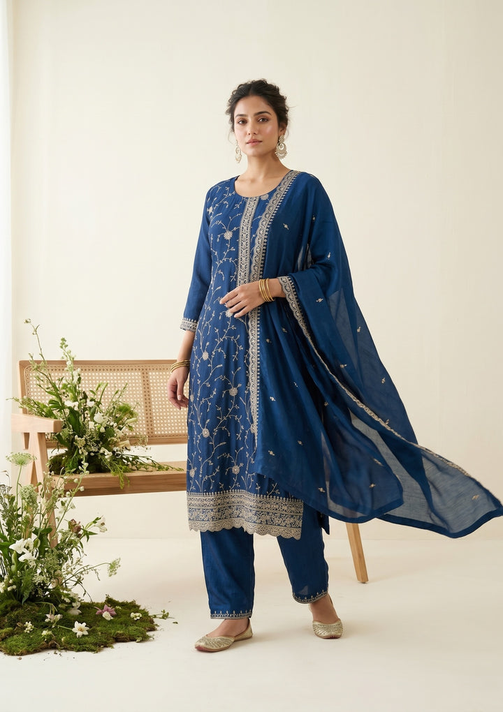 Blue Soft Raw Silk Gold Zariwork Straight Kurta With Pant Regular And Dupatta